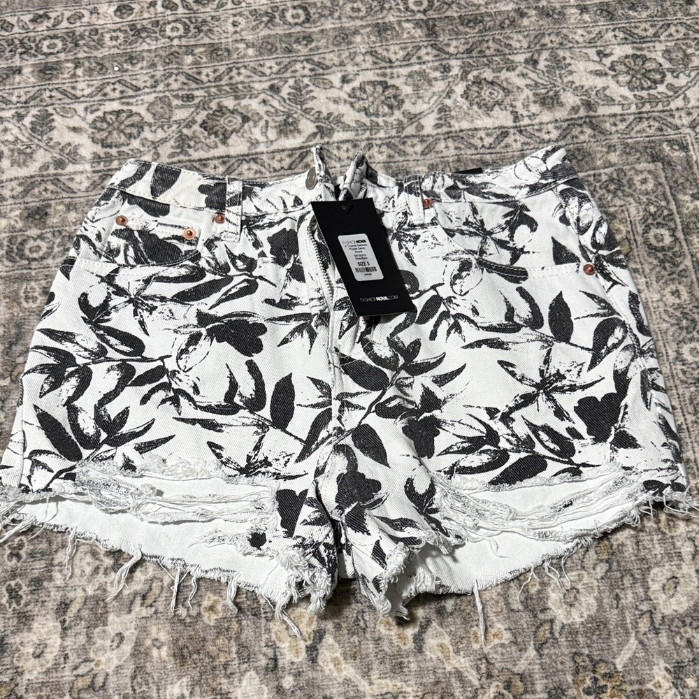 Fashion Nova Black and White Floral Jean Shorts